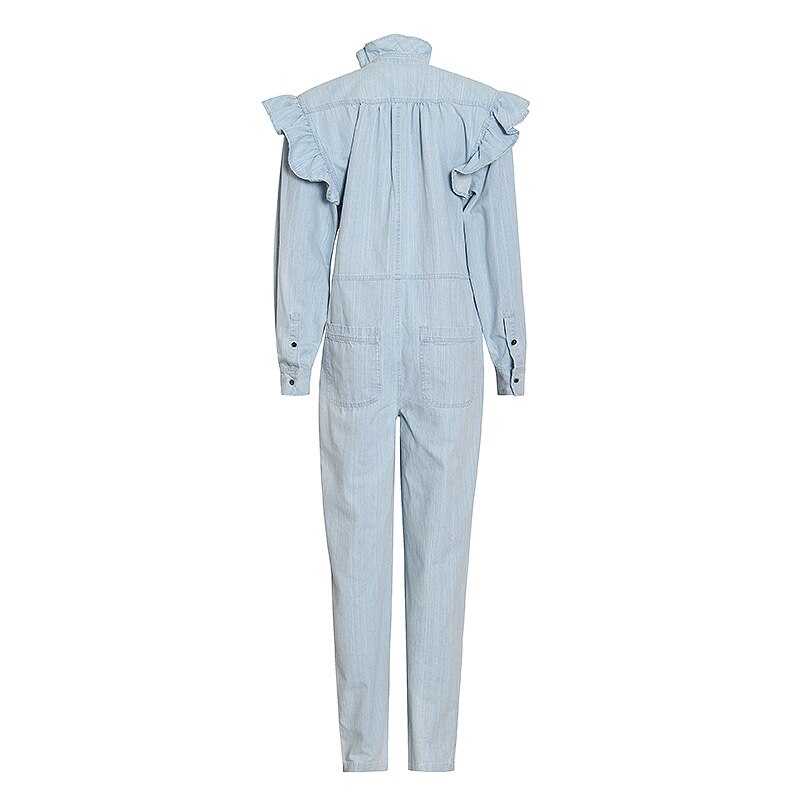 Twotwinstyle patchwork ruche jumpsuit voor vrouwen opstaande kraag lange mouwen wijde pijpen casual losse jumpsuits dames
