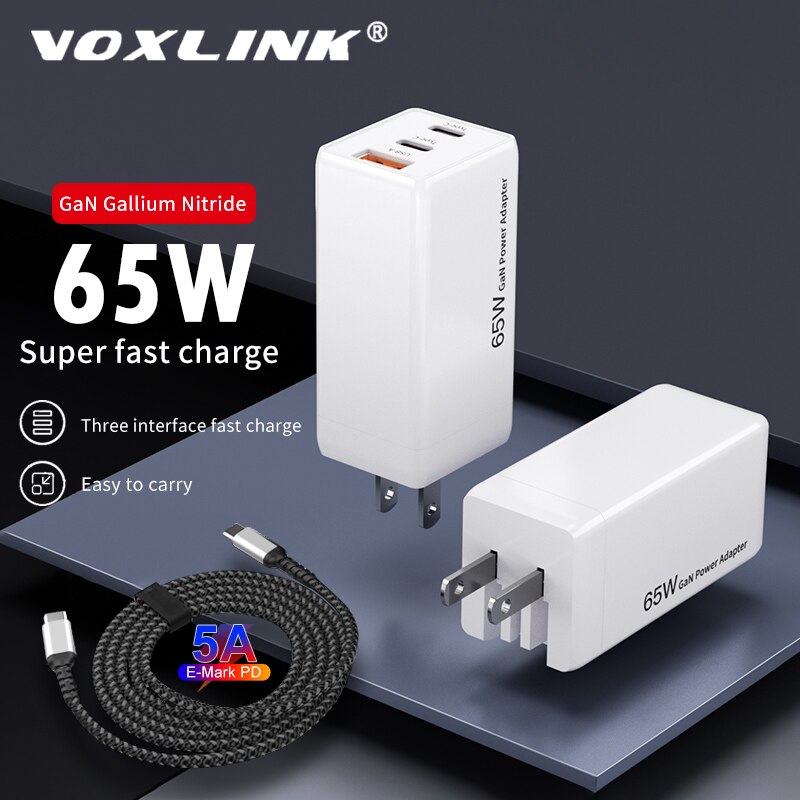 VOXLINK-cargador de pared GaN USB C PD, 65W, 3 puertos, cable PD3.0/QC/PPS/SCP 5A para USB-C, portátiles, MacBook, iPhone, Samsung, Huawei