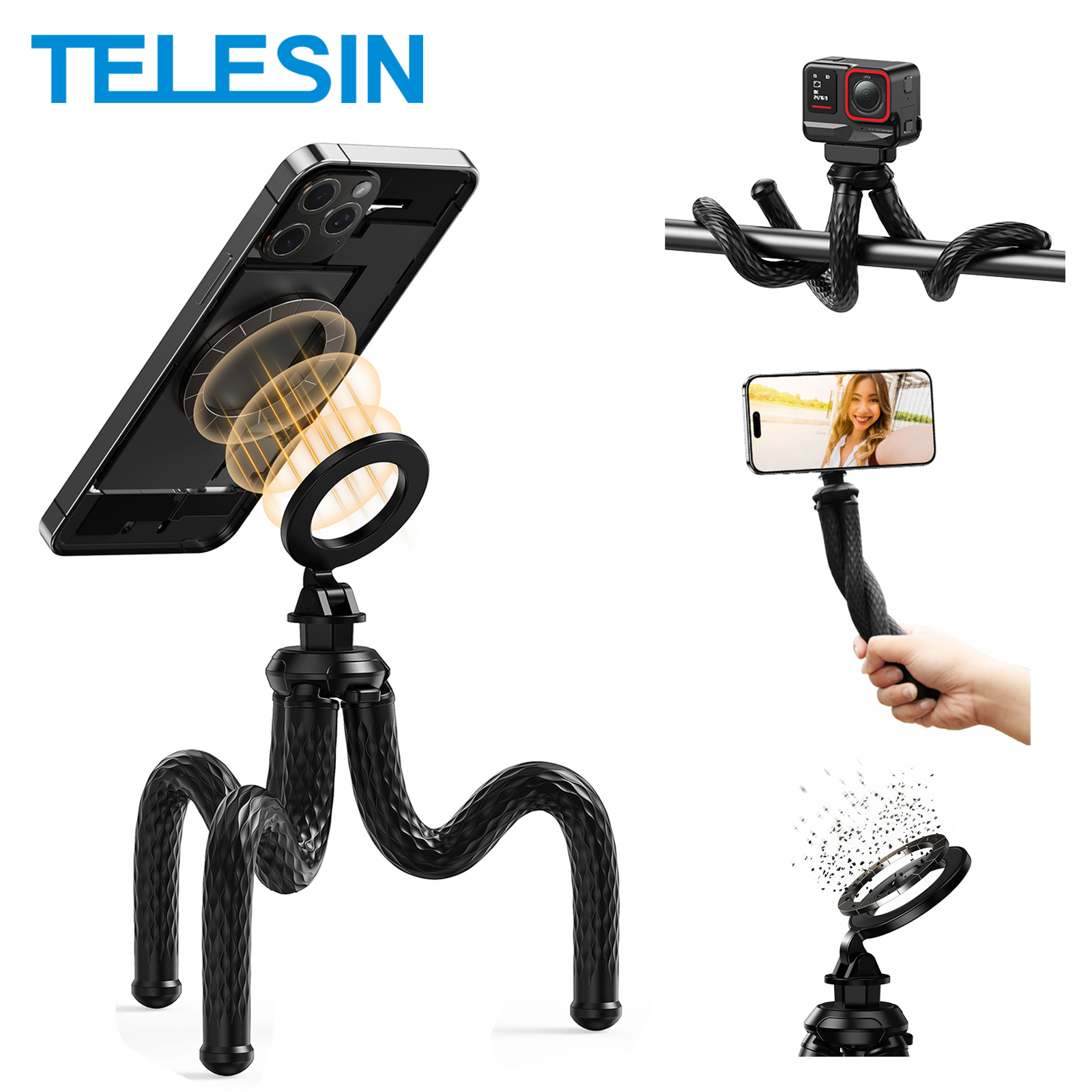 TELESIN Octopus Magnetyczny statyw z szybkozłączką Uchwyt na telefon do telefonu komórkowego Uchwyt na smartfon Monopod Stojak na trójnożę Mini statyw