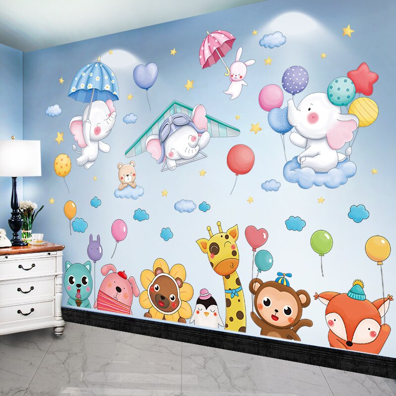[Shijuehezi] Cartoon Dieren Muurstickers Diy Ballonnen Wolken Mural Decals Voor Kinderen Kamers Kinderen Nursery Woondecoratie