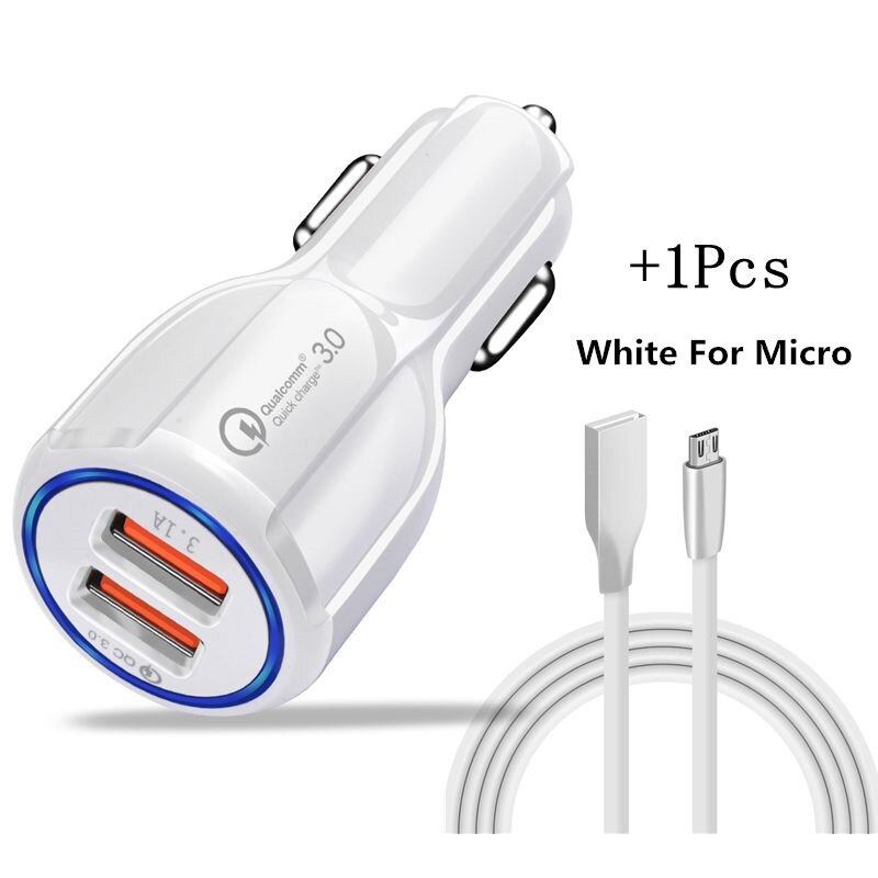 2 Usb-poorten Carcharger Quick Lading QC3.0 Snel Opladen Adapter Dual Usb Auto-Oplader Voor Iphone Micro Usb Type C Kabel Lader: With White V8 Cable