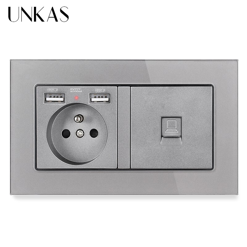 Unkas eu frans stopcontact met dubbele usb-poort + tv  rj11 telefoon  rj45 internet computeraansluiting 146mm * 86mm grijs glazen paneel stopcontact: 1 fr 1 computer  x 1