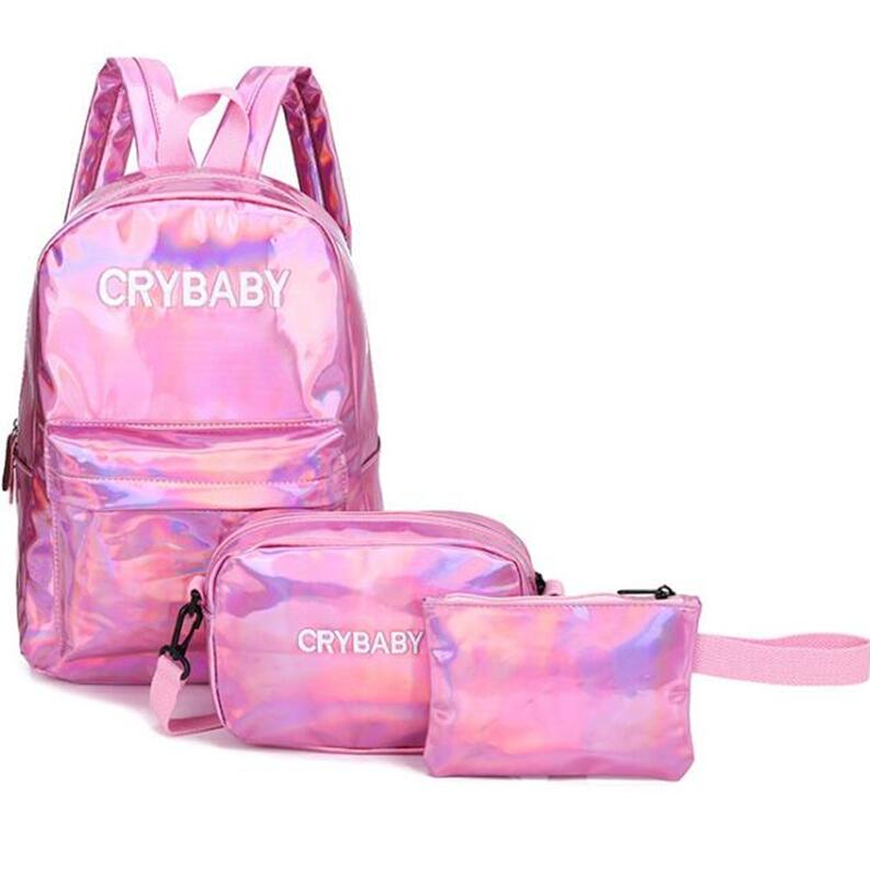 holographische Rucksack Frauen Crybaby Rucksack Set Schule Tasche Schulter Composite Tasche Kupplung Messenger Crossbody Schul: Set Pink