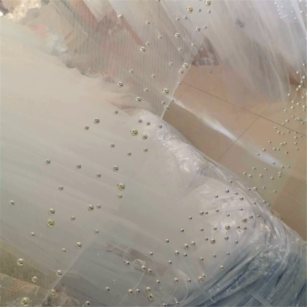 Velo de novia largo de una capa, longitud de catedral de boda con borde de perlas, velo de tul de Noiva con cuentas de marfil sin peine, 3x3 metros