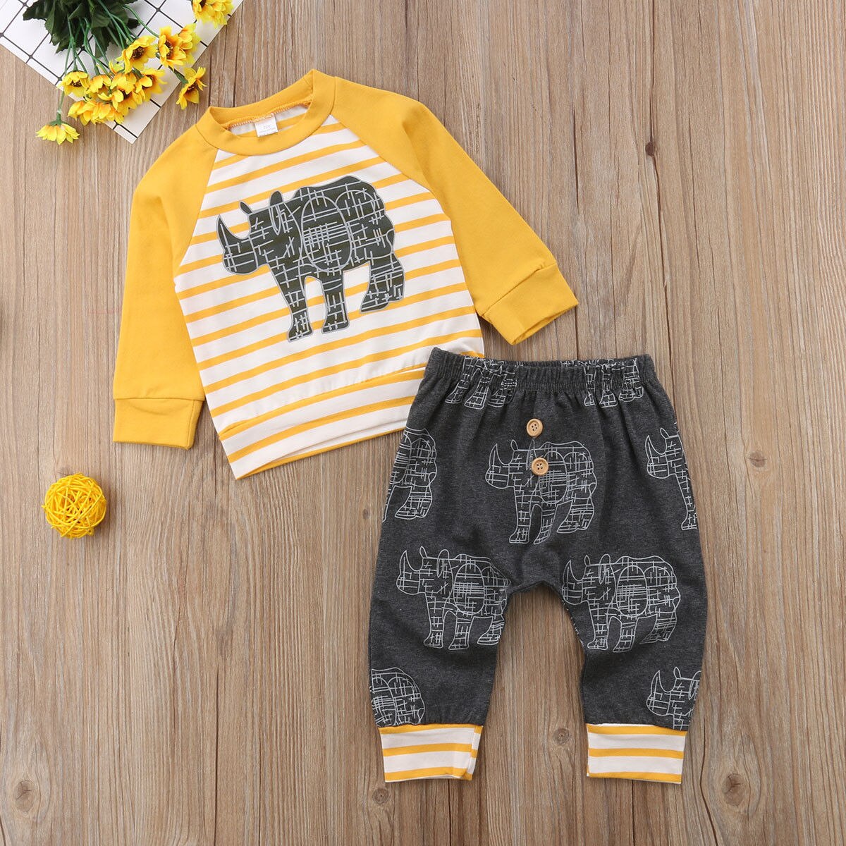 Børn baby drenge tøj næsehorn t-shirt toppe+bukser 2 stk outfits tøj