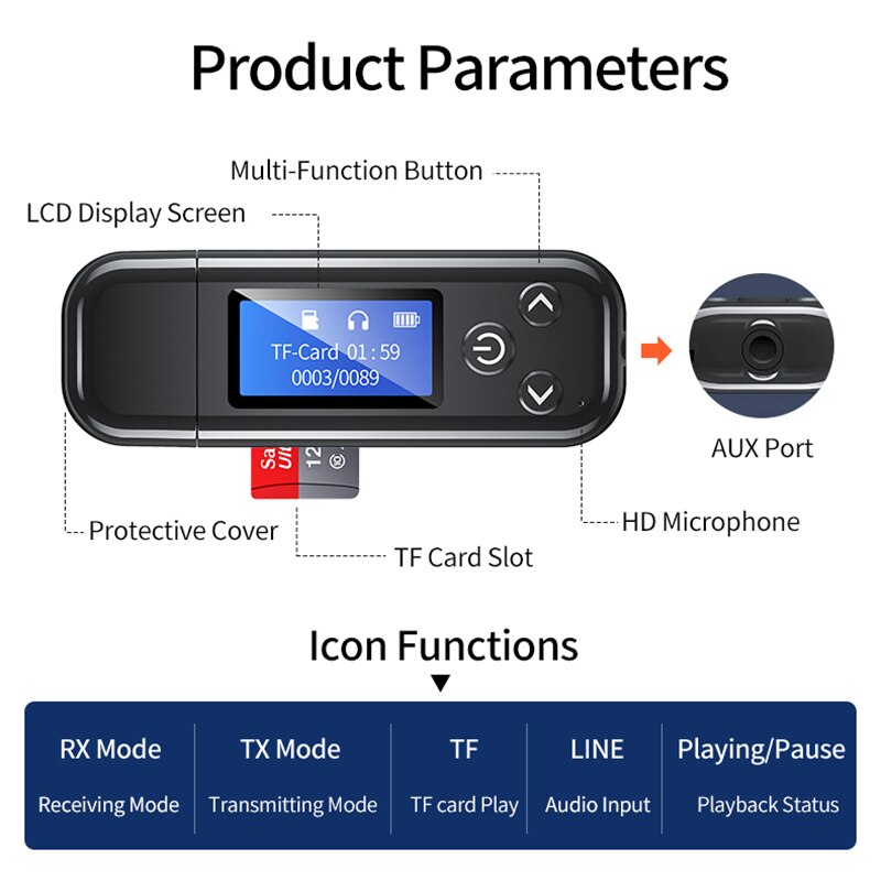Bluetooth 5,0 Empfänger Absender LCD Anzeige USB kabellos Adapter Für PC Computer Auto Lautsprecher Unterstützung TF Karte Audio- Empfänger