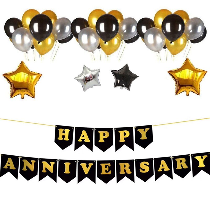 Happy Anniversary Banner With Gold Print Party Decor Display For Anniversary Celebration Supplies