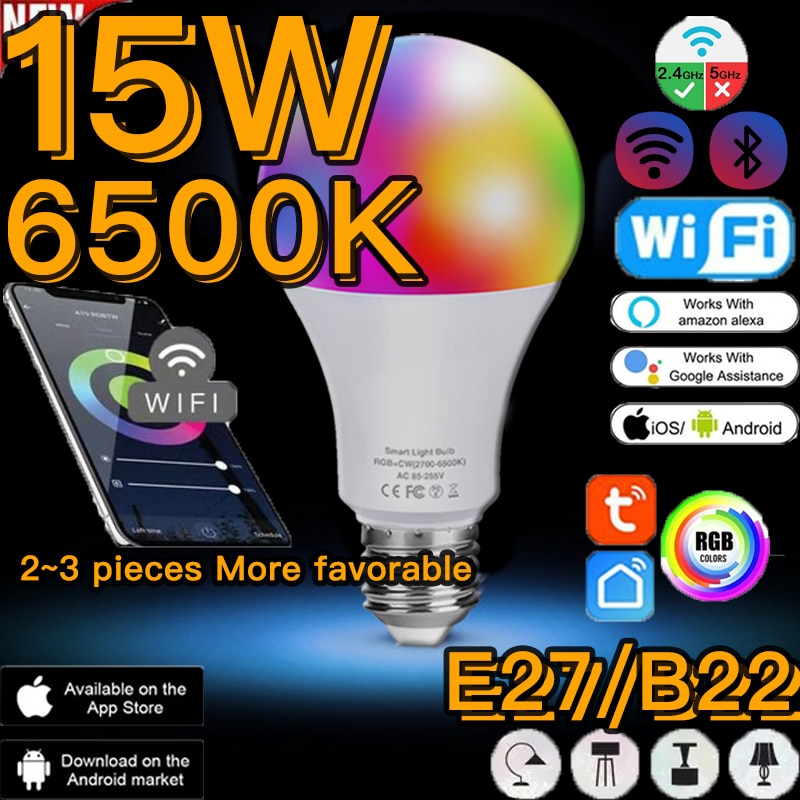 15W Lampadine LED Magic RGB Smart Light Bulb Wifi or IR Remote Control Lamp Dimmable Night Light Alexa Google Assistant Tuya APP