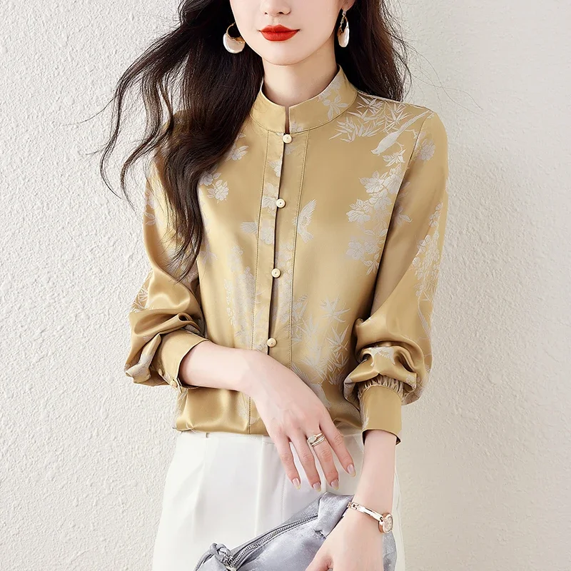 Satin Chinese Style Women's Shirt Spring/Summer Print Clothing Sales Loose Long Sleeves Korean Tops O-neck Vintage Women Blouses: XXL / Champagne
