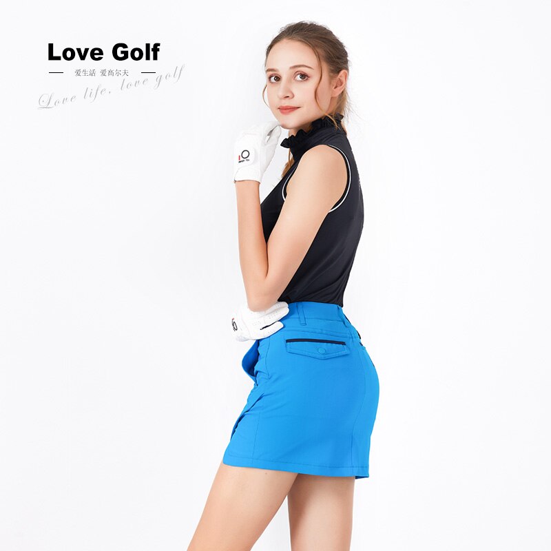 Golf jakkesæt til kvinder ærmeløs kortærmet t-shirt blå golf kort nederdel todelt nederdel: Blå / L