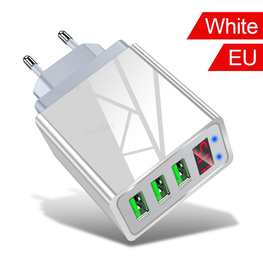 Marjay 3 Ports USB Charger EU US Plug LED Display 3.1A Fast Charging Smart Mobile Phone Charger For iphone Samsung Xiaomi Tablet: White EU