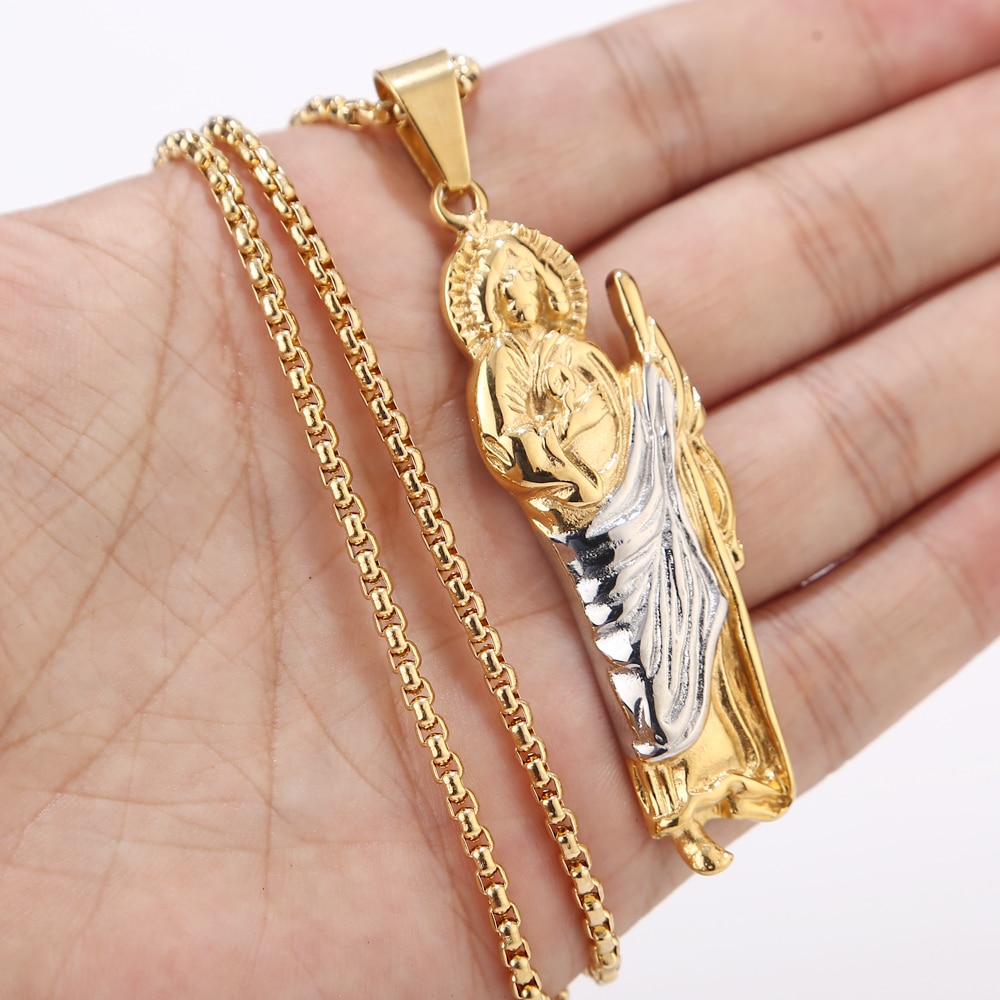 1 pcs 60cm Stainless Steel St. Jude Thaddeus Pray For Us Religious Charm Pendant with 2mm Box Chain Necklace DIY Jewelry making