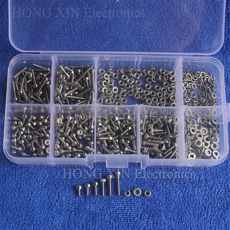 600pcs/set M2 304 Stainless Steel Hex Socket Screws Bolt With Hex Nuts Washers Assortment Kit Set Hardware