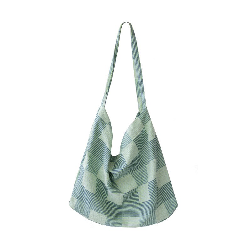 Cotton Canvas Green Blue Check Eco Shopping Tote Shoulder Bag Cross Body Strap SB