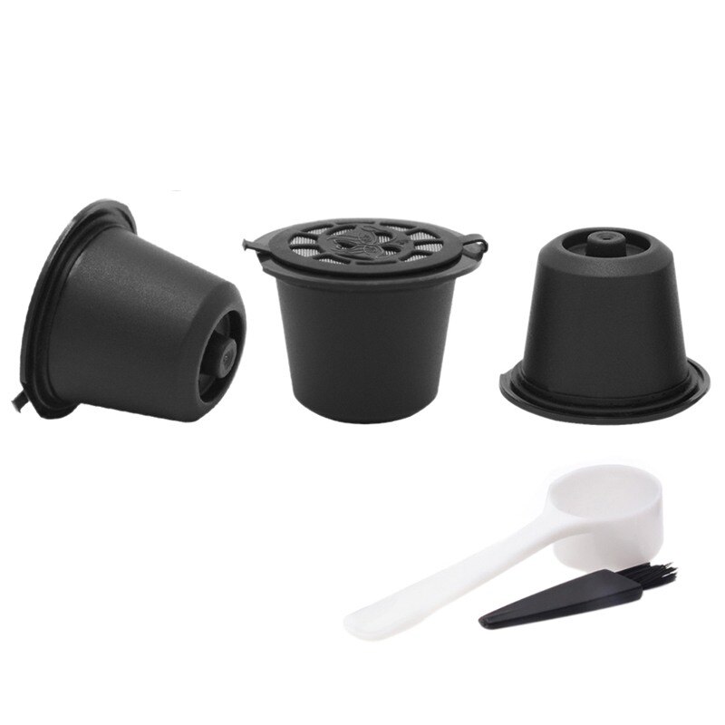3 pces filtro de café 20ml reutilizável recarregável café cápsula filtros para nespresso com colher escova acessórios de cozinha: Black  3pcs