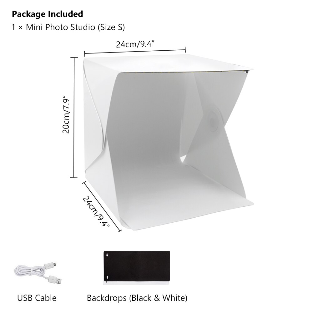 Photo Light Tent - 24/30/40cm - LED Studio Box - USB Powered - Foldable - Photography Softbox: S size