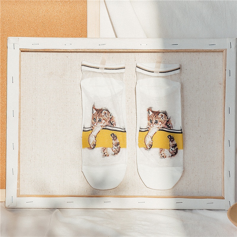 Damessokken lente cartoon katten koreaanse stijl trendy dunne zomer casual enkelsokken bedrukte vrouwelijke grappige sokken: Wit