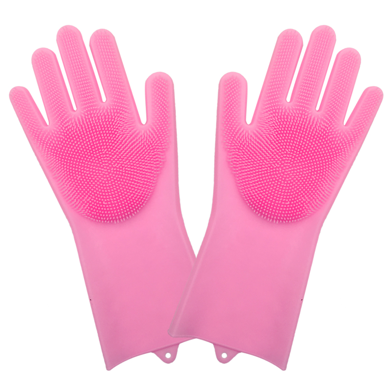 1 par opvaskemiddel handsker magiske silikone retter rengøringshandsker med rengøringsbørste køkkenvask husholdning skrubbehandsker: Pink et par