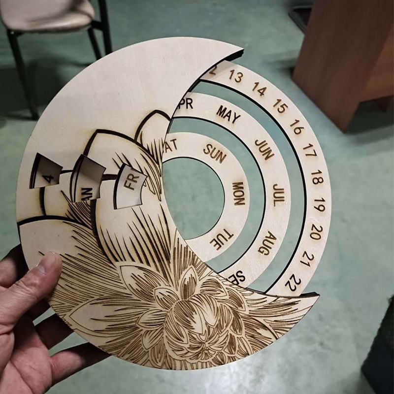Wooden Calendar Round Perpetual Calendar Study Desk Calendar Handicraft Decoration Wooden Crafts Christmas Home Decor Xmas