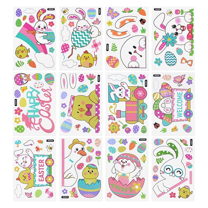 Pegatina de ventana de conejo de Pascua para decoración del hogar, Adhesivo de pared de huevo colorido, bonito pollo, conejo, suministros de de Primavera y Pascua