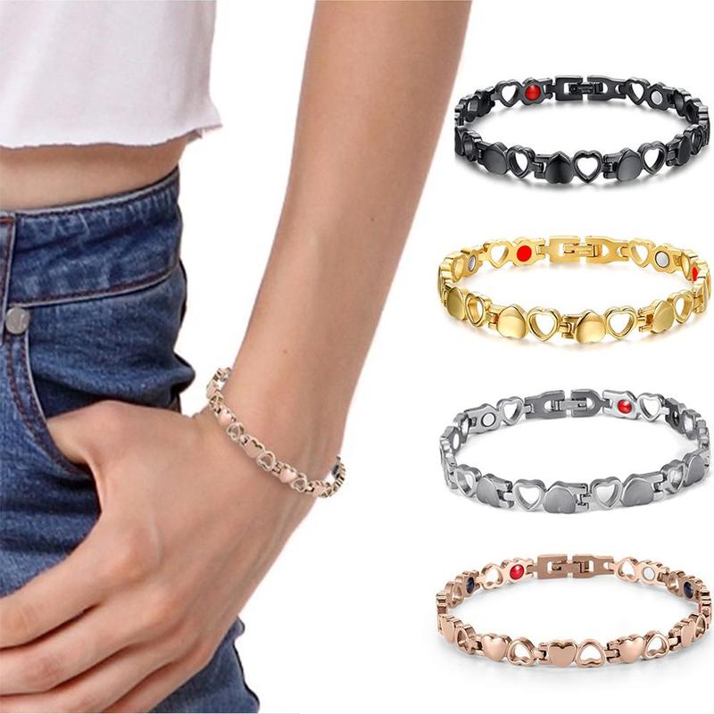 Pulsera magnética de acero y titanio con forma de corazón hueco para mujer de 20CM * 7MM, pulsera magnética moderna de acero inoxidable con forma de corazón