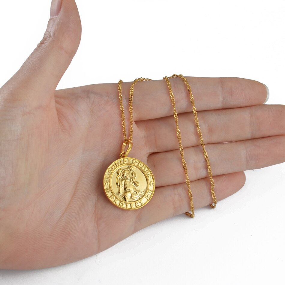 Anniyo st. christopher protect me halskæder til kvinder, lys guld/sølv farve saint christophe vedhæng religiøse smykker  #040904
