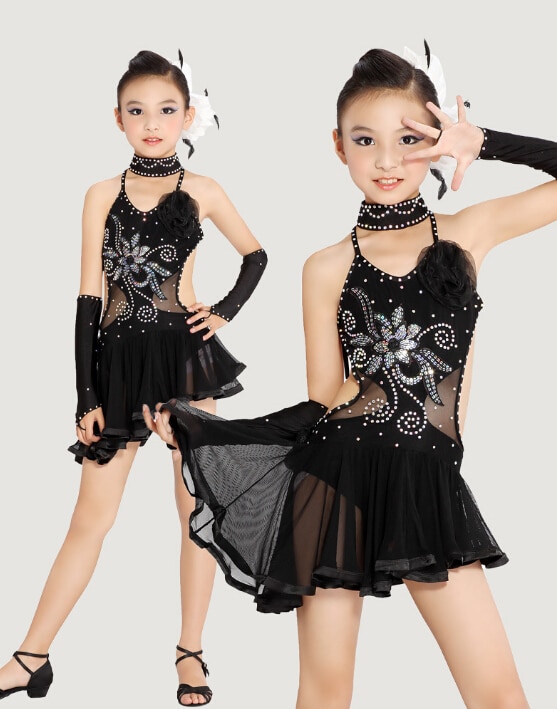 Stage Performance Zwart Geel Set Mode Rumba Latin Cha-cha Dans Jurk Tango Samba 110-160 cm Professionele meisje Kind Kostuum