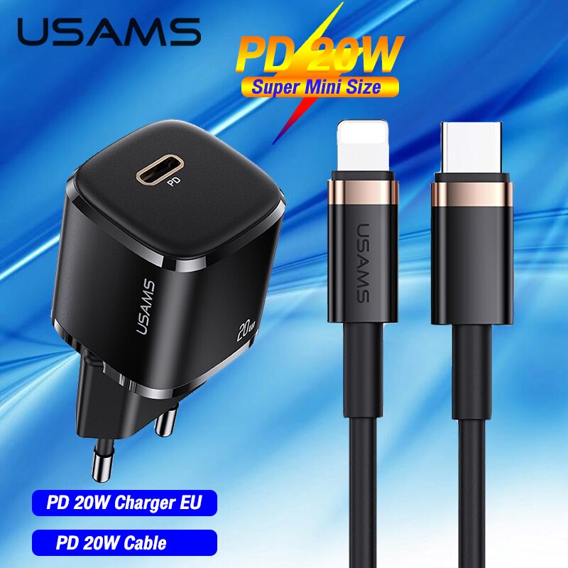 USAMS PD 20W Fast Charger +Type C To Lightning Cable Set For iPhone 12 12 Pro Max Mini QC4.0 QC3.0 Quick Charging Wall Charger