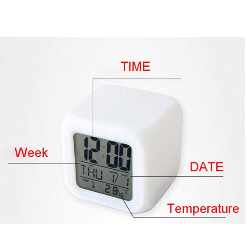 7 Color Glowing Change Alarm Clock Digital Clock Thermometer Cube LED Clock Time Data Week and Temperature Display 808