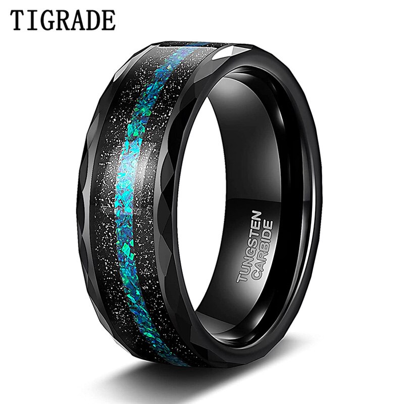 TIGRADE-Bandas de boda de tungsteno para hombre, 8MM, borde multifacético con arena negra y ópalo verde-azul, anillos de boda con incrustaciones, ajuste cómodo