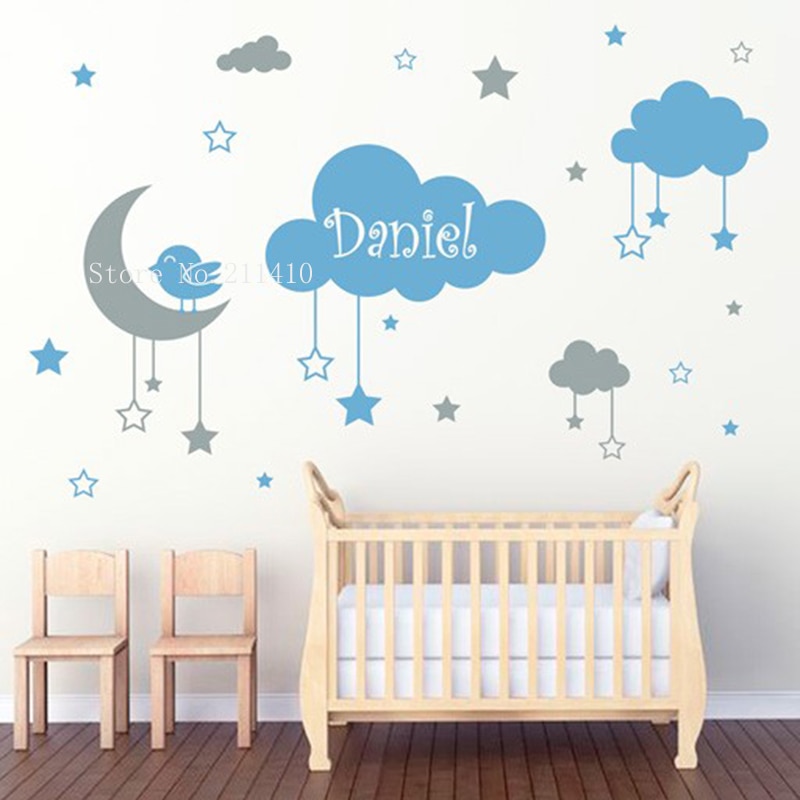To farver børn dejlige væg klistermærke hængende skyer stjerner og en måne med en lille fugl indretning baby børnehave aftagelige mærkater  yt820
