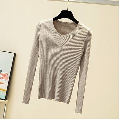 Herfst winter truien dames chique v-hals slanke trui dames gebreide truien lange mouwen warme basic zwarte tops: Khaki