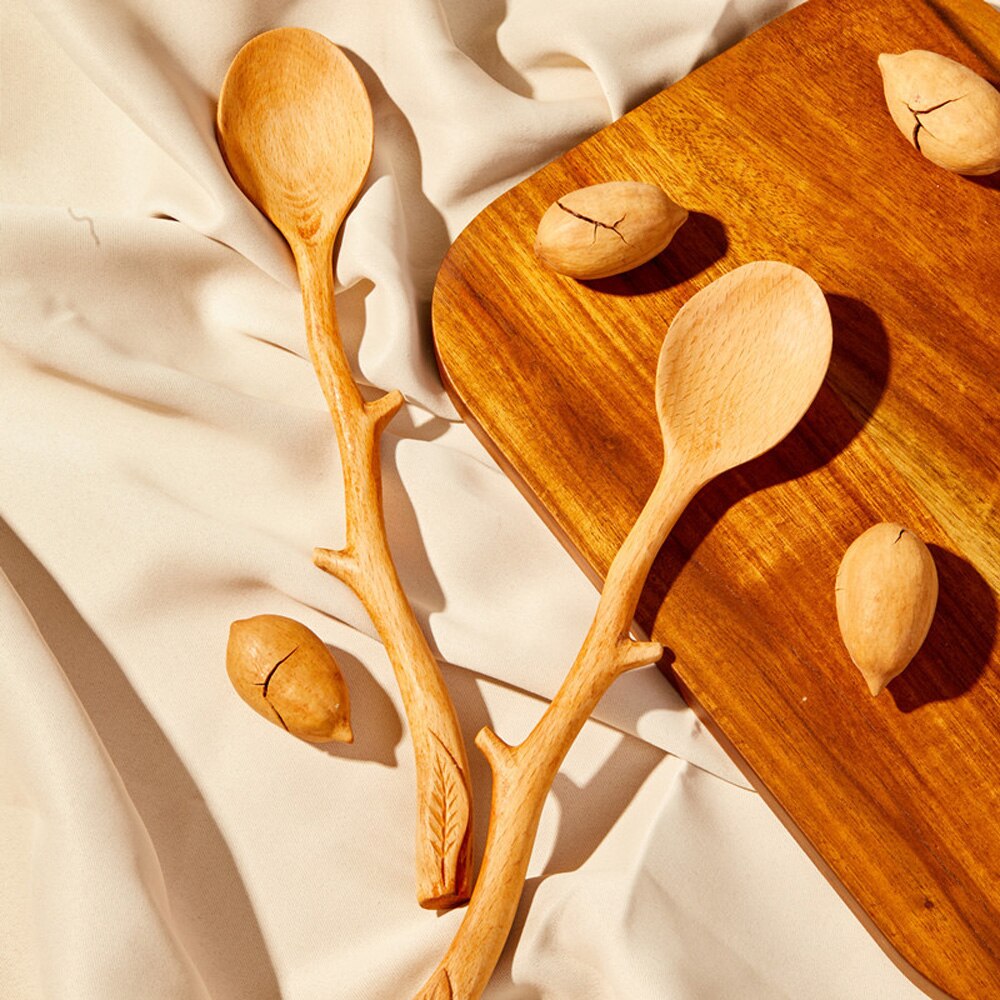 Japanese Style Beech Spoons Branch Shape Long Handle Scoop Coffee Stirring Spoon Soup Spoon Tableware