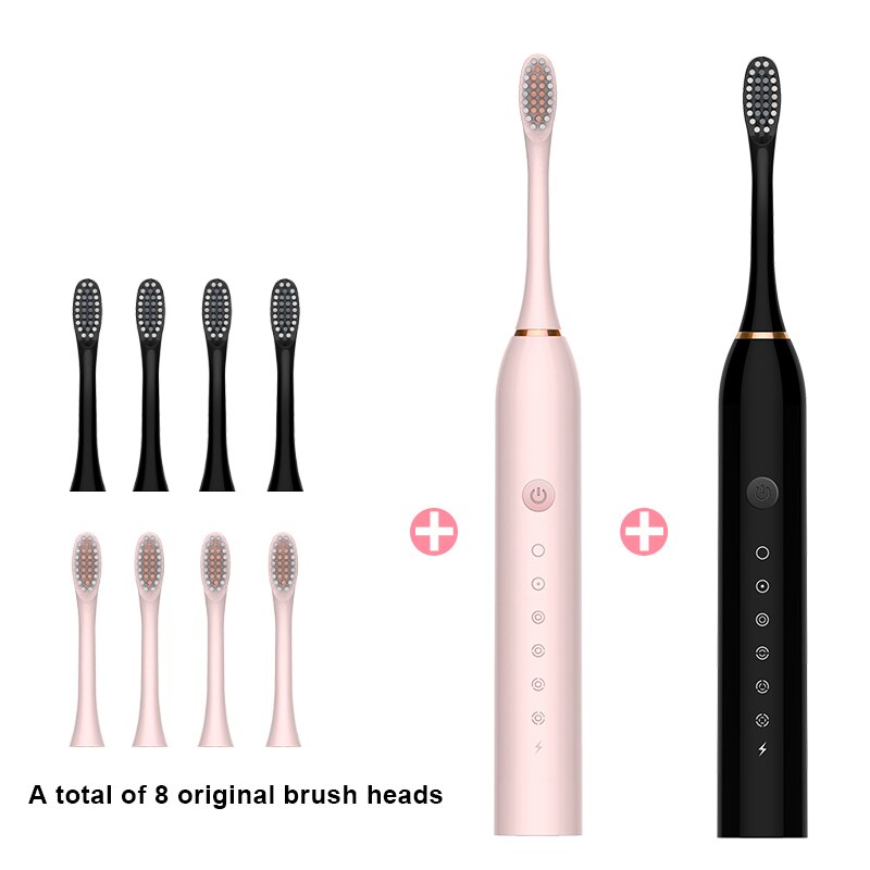Sonic Electric Toothbrush Ultrasonic Automatic USB Rechargeable IPX7 Waterproof Whitening Teeth Tooth Brush Head Holder Adult: black pink 4 head