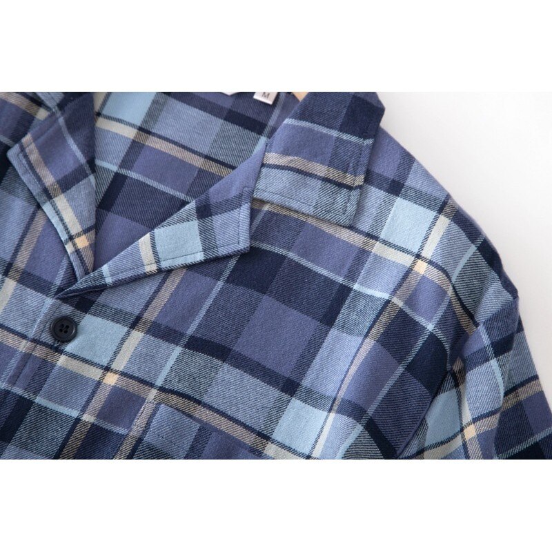 Verão masculino 100% algodão pijamas conjuntos de pijama de xadrez casual masculino terno de gola redonda manga curta cardigan camisa &amp; meia calças