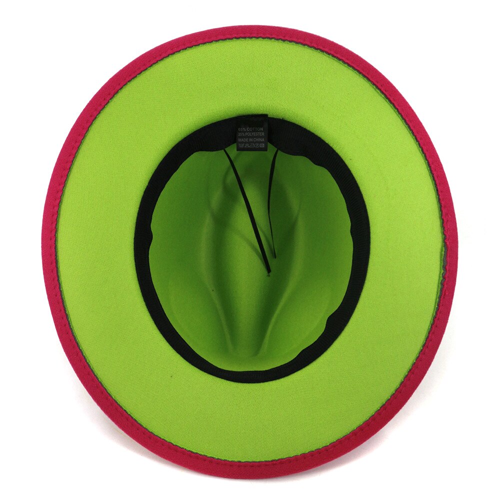 QBHAT Pink and Lime Green Patchwork Wool Felt Fedora Hats Women Large Brim Panama Trilby Jazz Cap Derby Hat Sombrero Mujer