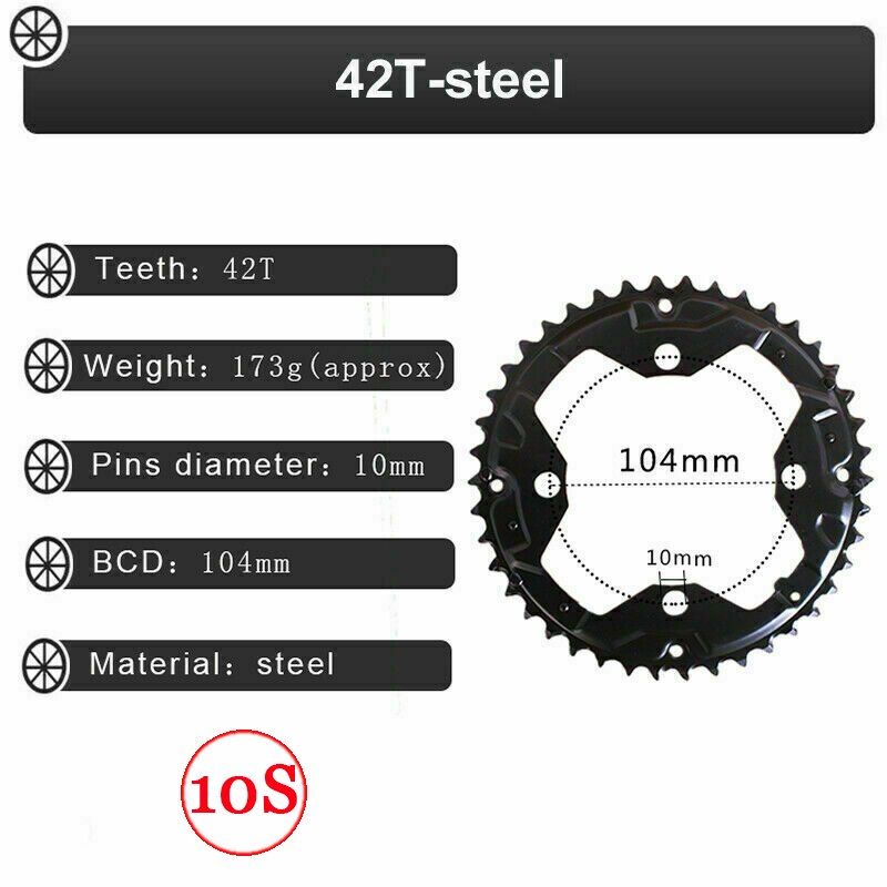 Plato de bicicleta 104BCD 64BCD 22/24/26/32/38/42/44T, plato de bicicleta de 9/10 velocidades para platos y bielas de doble/triple velocidad: 10S 104BCD-42T ST