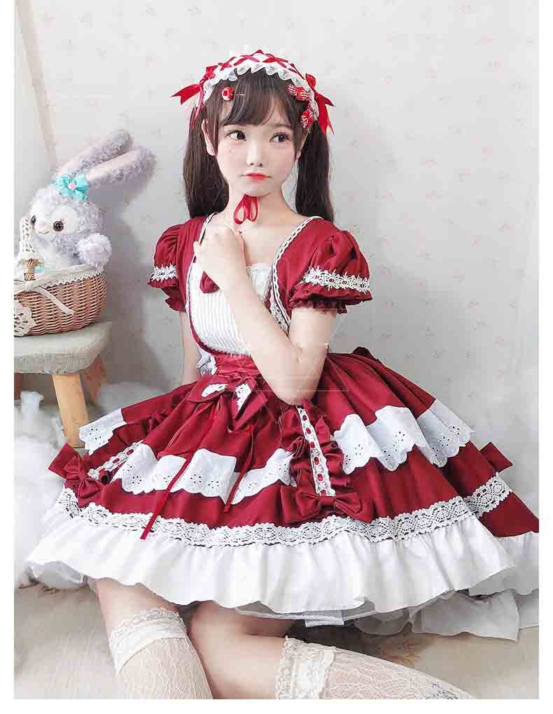 Vestido Lolita gótico para chicas, vestido Lolita de manga larga extraíble, disfraz de sirvienta para mujer, disfraz de Lolita roja para mujeres y niñas de talla grande: L