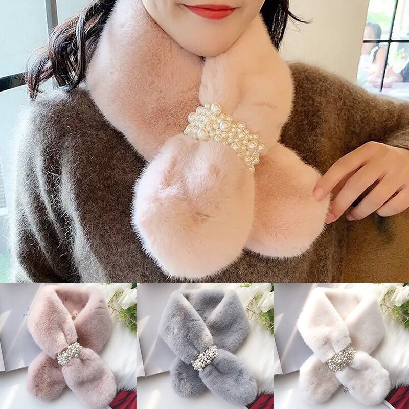Kvinder vinter tørklæde perle plys bib tørklæder tykkere efterligning kanin pels tørklæde vinter sjal plys hals varmere