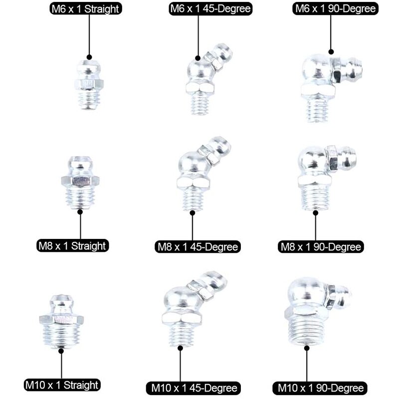 Butter Mouth Set,Metric Hydraulic Zerk Grease Fittings Assortment Kit,123Pcs ( M6 M8 M10 Metric)