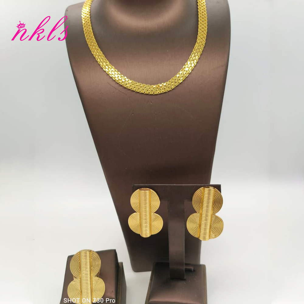 Juegos de joyas para mujer, cadena de Color dorado, pendientes de de lujo, anillo etíope, la última , joyería africana nigeriana para