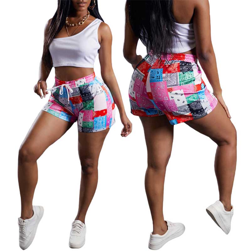 Bandana Vrouwen Mode Print Shorts Zomer Strand Losse Koord Shorts Casual Midi Taille Patchwork Korte Broek