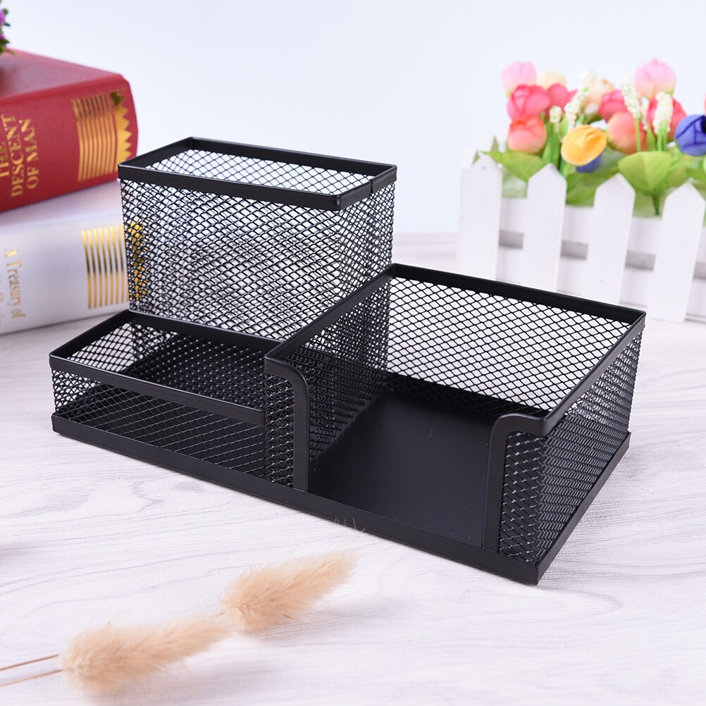 1pc Mesh Pen Holder Affordable Students Office Desk 3 Compartments Metal Pen Holder Black School Stationery Supplies