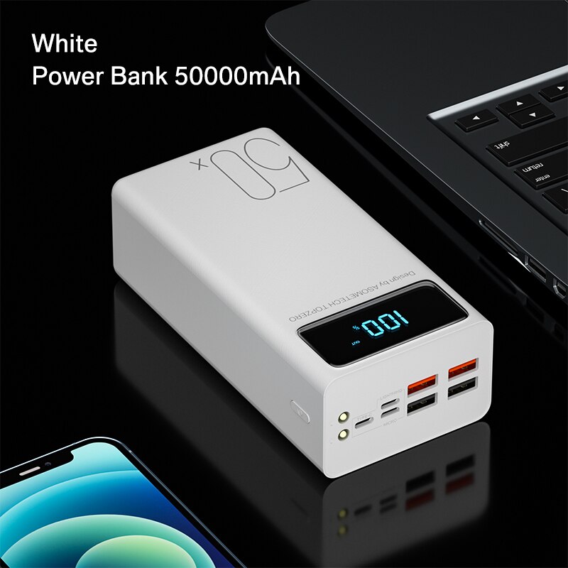 Power Bank 50000 Mah Draagbare Oplader Met Led Licht Grote Capaciteit Powerbank 50000 Mah Externe Batterij Voor Iphone 13 X xiaomi: 2A White