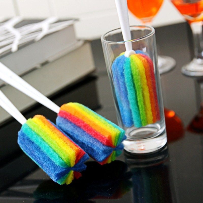 Spazzola in spugna arcobaleno per neonato, bottiglia d'acqua, tazza, tazza, spugna per lavaggio vetro, spugna per pulizia, con manico, utensili per la pulizia