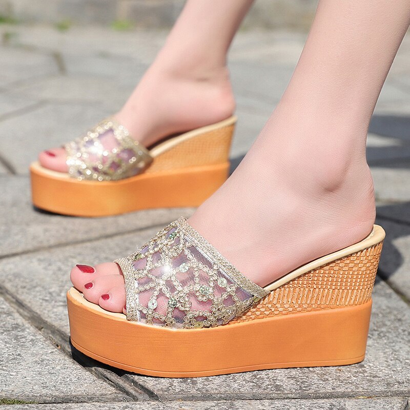 Sandalias con punta de plataforma abierta para mujer, zapatillas de cuña alta con lentejuelas, doradas y plateadas, tacones de plataforma para playa de verano