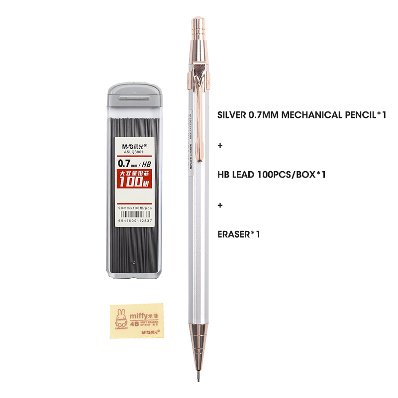 M&amp;G Full Metal Mechanical Pencils Morandi Color 0.5mm HB Lead Refill Student Writing Automatic Pencils Lapiseira School Supplies: 0.7mm 3pcs Silver