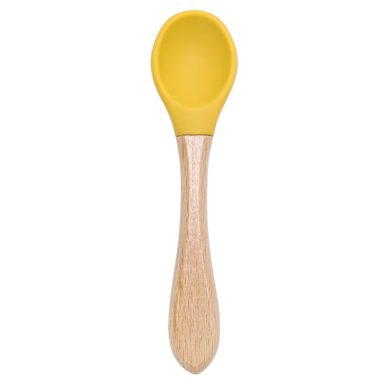 Cuchara de manija de madera silicona para alimentación de niños, utensilios para comer comida sólida, entrenamiento, capacidad de manipulación, vajilla