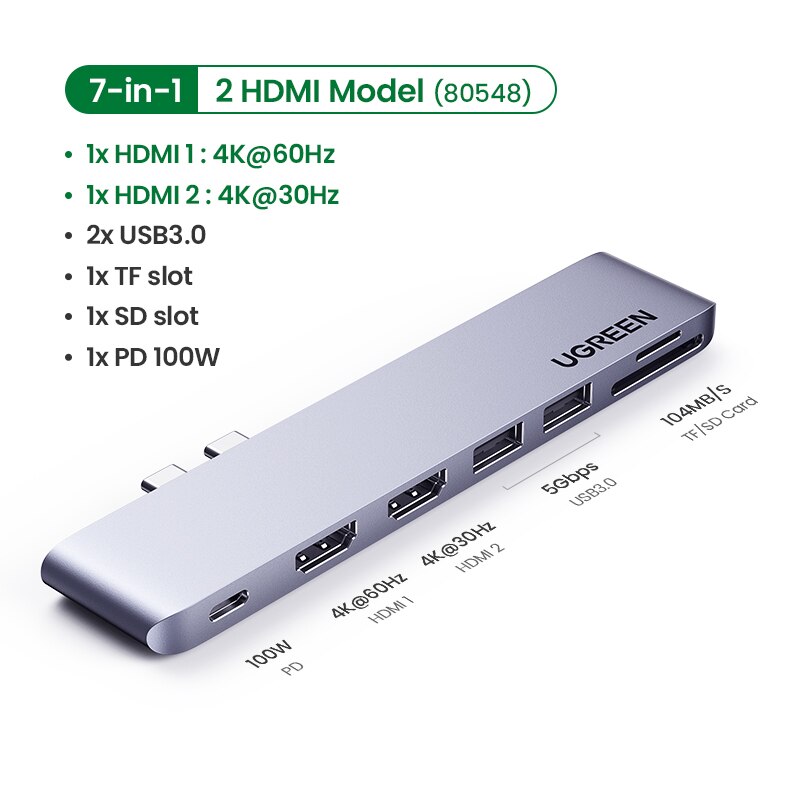 Ugreen usb c hub dual type-c til multi usb 3.0 4k hdmi for macbook pro air adapter thunderbolt 3 dock usb  c 3.1 port type c hub: 7- i -1 2 hdmi