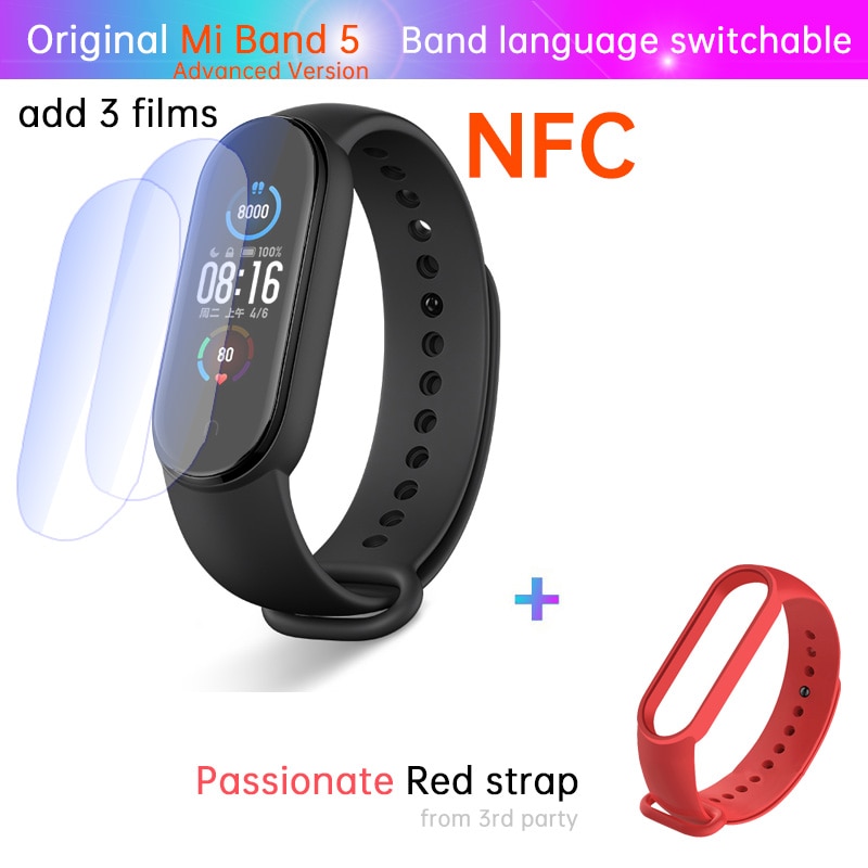 Xiaomi-Pulsera deportiva inteligente Mi Band 5 para mujer, monitor de salud, estándar o NFC, control de estrés, ritmo cardíaco, del sueño, contador de pasos, para deporte fitness y natación, incluye alarma: NFC n film red